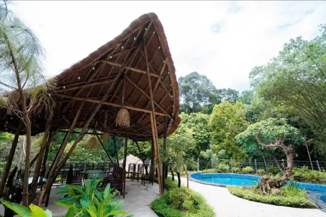 Chòi tre mái tranh cạnh bể bơi