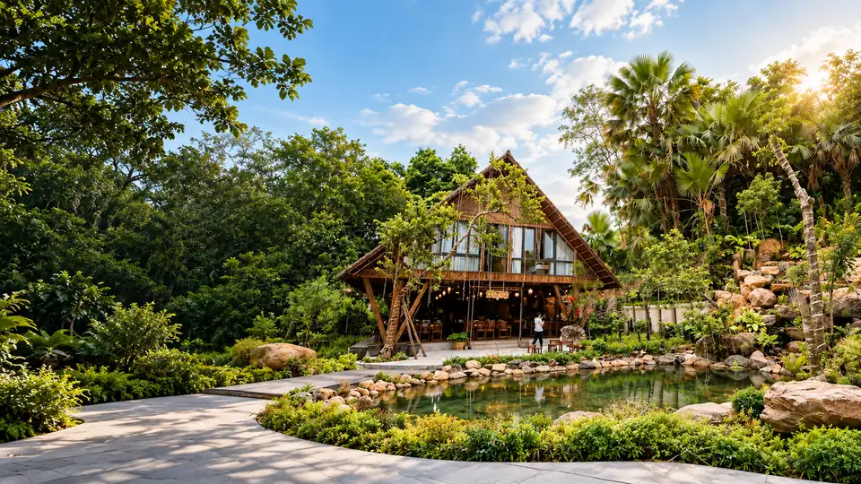 Nhà sàn gỗ bên hồ cá koi và thảm cỏ xanh tại Sơn Thủy Retreat dưới nắng